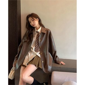 choyu 봄 가을 여성용 카라넥 하프 가죽 자켓 골드 버튼 오버핏 빅사이즈 GJY