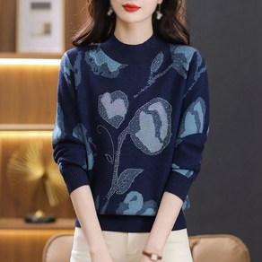 ROYALBELLE 여성 꽃무늬 니트 스웨터 라운드넥 크리스탈 장식 따뜻한 가을 겨울 E0111507