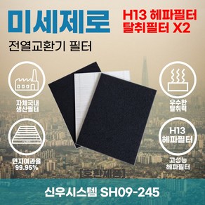 신우시스템 SH09-245 (SW-250CMH) 전열교환기필터 아파트환기장치필터 헤파필터 H13등급 미세제로, 미세제로H13헤파필터+탈취카본필터2장(세트)+8000원, 1개