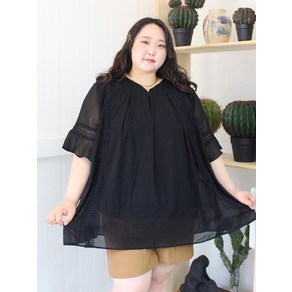 플러스사이즈 자수 펀칭 루즈핏 블라우스 4XL 5XL 6XL 쉬폰 셔링 반팔 5부 레이스 오버핏 임부복 여름 셔츠