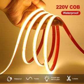 led 줄조명 호환 AC 220V COB 스트립 240LED/M IP65 방수 드라이버 내장 자체 접착 테이프 유연한 리본, 웜 화이트, 3m, 1개