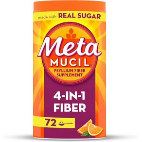 Metamucil 메타무실 섬유 진짜 설탕이 함유된 4-in-1 사일륨 섬유 보충제 분말 오렌지 스무스 맛 음료 72인분(포장은 달라질 수 있음) 거친 질감 1.9파운드(