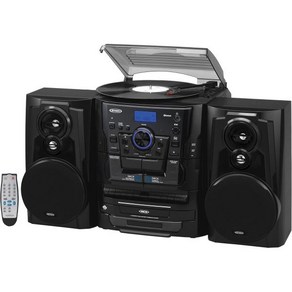 Jensen® Bluetooth® 3 Speed 스테레오 턴테이블 CD 체인저 음악 시스템듀얼 카세트 데크 피치 컨트롤 및 리모컨 포함