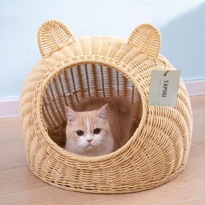 하우스 고양이 바구니 침대 등나무 라탄, 38*38cm * 베이지+돗자리+매트 * 1개, 1개