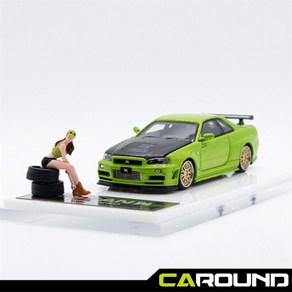 타임마이크로 1:64 닛산 스카이라인 GT-R (R34) Z-Tune 그린 (카본 후드 오픈 / 피규어 옵션), 차량만, 1개