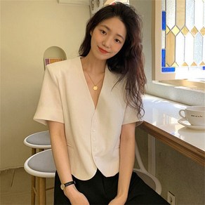 besteffie 반팔자켓 여성용 베이직 썸머 여름 봄 브이넥 노카라 하객 반팔 숏 자켓 크롭 E58