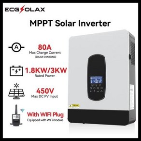 하이브리드 인버터 태양광 Ecgsolax 태양광인버터 독립형 태양 광 충전 시스템 용 3KW 1.8KW 24V 12V 순수 사인파 내장 80A MPPT 컨트롤러 최대 PV 450V, 04 1800W 12V, 01 220V, 1개