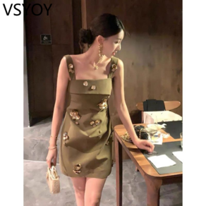 vsyoy 중공업 사교계 구슬 3 차원 꽃 끈 치마 여성 여름 빛 럭셔리 A 라인 원피스