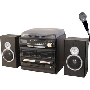 TechPlay 가라오케 Enab 30W RMS 레트로 클래식 턴테이블 NFC 블루투스 더블 카세트 플레이어레코더 CD MP3 플레이어 USB SD 포트, 검정