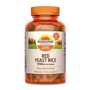 Sundown Red Yeast Rice 1200 mg 캡슐 (240개) 자연 추출 글루텐 무첨가 유당 무첨가 Non-GMO^ 글루텐 유당 인공 조미료 무첨가 (패키지가 다를 수 있습니다), 1개, 기본, 240정