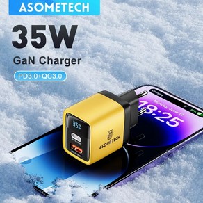 ASOMETECH GaN 충전기 LED 디스플레이 고속 충전 USB C타입 폰 14 프로 삼성 S23 샤오미 35W QC30 30W 25W PD PPS, 6.KR Plug With Cable, 1개