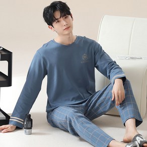 ANYOU 남성잠옷 데일리 긴팔 상하세트 캐주얼 심플 남자 격자 파자마