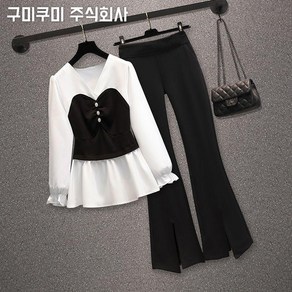 [90kg까지][날씬해보이는] 셔츠 바지 투피스 세트 여성 가을 편한 간절기 체크 브이넥 배색 단아한 빅사이즈 4XL 캐주얼 패션 데일리 상의 밴딩 와이드팬츠 롱 바지