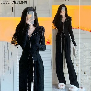 JUST FEEL!NG 봄 여성복 캐주얼 스트리트 트레이닝복세트 패션 슬림핏 와이드 팬츠 조거팬츠 츄리닝 상하복