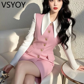 vsyoy 슈퍼 파이어 가짜 투피스 원피스 여성용 리틀 프랑스 하이 엔드 기질 여신 팬 슬림 핑크 스커트