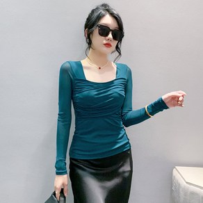 댄스복 상의 여성용 망사 셔링 스퀘어넥 긴팔 티셔츠 Women's T-shirt 뉴타임즈 Y941C241