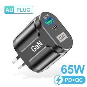 USLION 고속 충전 태블릿 노트북 USB C QC 3 0 휴대폰 충전기 여행용 65W GaN AU EU 미국 영국 플러그, 01 Black AU Plug, 1개, 1) Black AU Plug