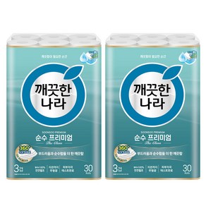 깨끗한나라 3겹 데코 순수 프리미엄 천연펄프 롤화장지 30m, 2개, 30롤