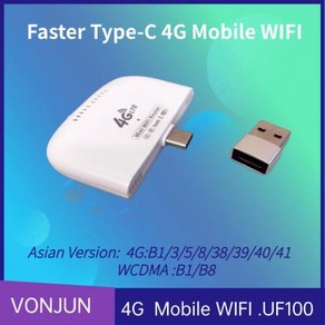 VONJUN UF100 4G C타입 USB 와이파이 동글 LTE 나노 SIM 카드 모바일 라우터 휴대용 무선 핫스팟, UF100 Asian, 1) UF100 Asian, 1개