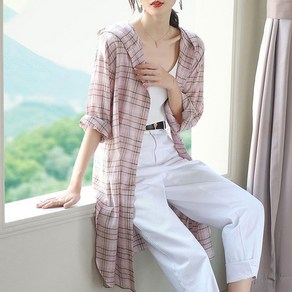 여성 여름 루즈핏 후드 체크 셔츠 여성 데일리 캐주얼 얇은 케이프 여름 카디건