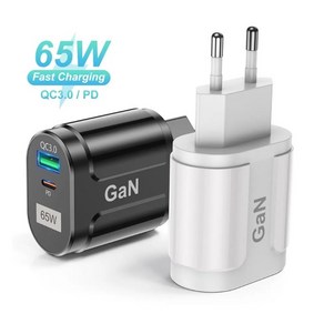 USLION GaN 고속 충전기 플러그 블랙 (0022) 65W USB C 타입 2포트 QC 3.0 PD 여행용 멀티 어댑터, 1개