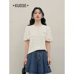 KUOSE 쿠오세티셔츠 퍼프 레이스 아이보리 여름 티셔츠