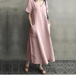 COBOTOR 린넨 원피스 브이넥 오버핏 a라인 캐주얼 여자 봄 여름 가을 반팔 롱원피스 linen dress women XK0113