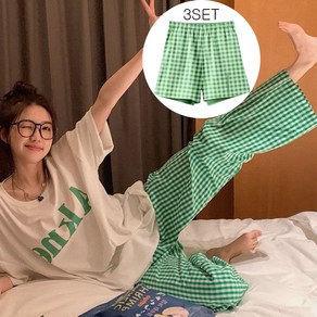 [세인트이브] set5059 박시티 체크무늬 밴딩 와이드롱팬츠 숏팬츠 3ps 상하 세트