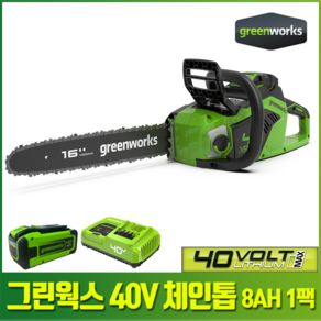 그린웍스 40V 충전 체인톱 전기 충전 16인치 다이렉트 톱 장작 벌목 단품 세트, 체인톱 본체+8ah배터리1개+급속충전기, 1개