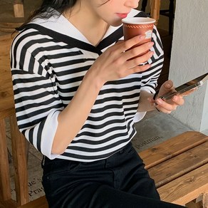 로로텐 스트라이프 숄카라 브이넥 반팔 티셔츠 여성 빅사이즈