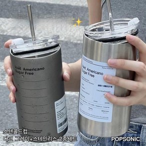 POPSONIC 텀블러 투썸텀블러 콜드컵 리유저블컵 보냉 600ML 2개, 다크 그레이+스테인리스 2종세트, 1개