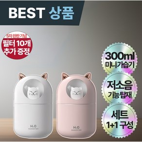 미니니 무소음 야옹이 가습기 300ml 대용량 미니 가습기 필터 세트 1+1, 화이트,핑크