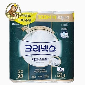 100주년 크리넥스 두루마리휴지 데코소프트 3겹 화장지 (이중비닐포장), 1개, 34m, 24롤