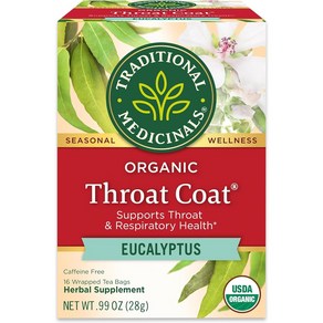 Traditional Medicinals Tea Organic Throat Coat Eucalyptus 전통 약초차 유기 인후 코트 유칼립투스 인후 및 호흡 지원 티백 16