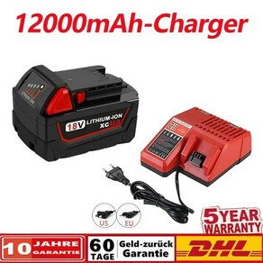 밀워키 M18B5 XC용 충전식 리튬 이온 배터리 18v 9.0 6.0 12.0Ah 충전기 M18 12V ~ 18V, 08 12000mAh Chage