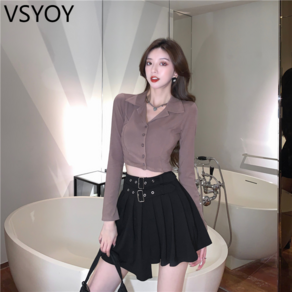 vsyoy 패션 캐주얼 세트 가을 스파이스 소녀 옷깃 긴 소매 높은 허리 주름 치마