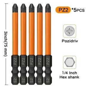 PZ2 임팩트 스크루 드라이버 비트 세트 Pozidiv Tox T20 T25 파워 드릴, 5개