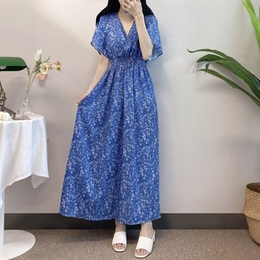 [당일발송/3colo/쫀쫀밴딩] 몰디브 잔꽃 스모크 밴딩 뒷리본 브이넥 반팔 맥시 쉬폰 롱원피스 여행룩 바캉스 휴가 휴양지 77가능 바다 데이트