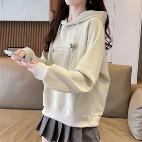 스타일아유 봄가을 면 후드티 여성 러블리 나비 장식 레터링 루즈핏 티셔츠 캐주얼 TS3170