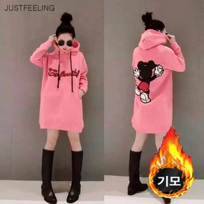 JUSTFEELING 캐릭터 후드 롱 맨투맨 캐주얼 원피스 기모 도톰한 가을신상 롱티 외출복 루즈핏 여자의류