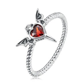 wostu 925 sterling silver punk goth bat wings braided ring black heart cz retro ring for women 할로윈 쥬