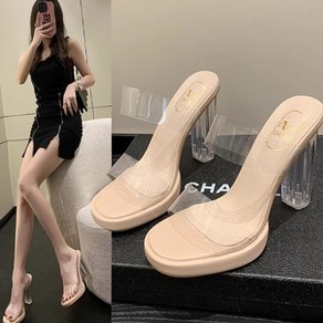 차쿠 크리스탈 통굽 PVC 투명 가보시 뮬 슬리퍼 샌들 7cm 9cm 11cm