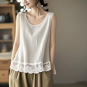 ROYALBELLE 여성 라운드넥 나시 패션 레이스 포인트 린넨 민소매 티셔츠 D0041335