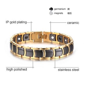 게르마늄 건강 팔찌 Vinterly 스틸 마그네틱 남성 블랙 세라믹 에너지 핸드 체인 골드 컬러 홀로그램 남성-102