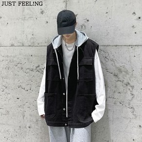 JUST FEEL!NG 남성용 민소맨 후드 기디건 와이드핏 앞단추 청조끼 포켓 질좋은 베스트 빅사이즈 M-5XL