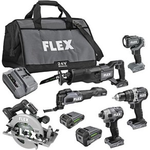 FLEX 24V 브러시리스 코드리스 6공구 콤보 키트 해머 드릴 헥스 임팩트 드라이버 원형 톱 멀티 공구 왕복 작업등 2개 포함.5Ah 5.0아 리튬배터리 및 160W 충전기, 1개