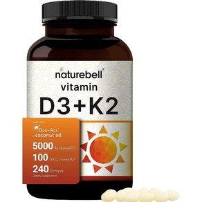 NatueBell 비타민 D3 MK7 버진 코코넛 오일 240 캡슐 5000 IU 100mcg 2 in 1 DuoAck 8개월 타사 테스트 완료 비 글루텐, 240 Count (Pack of 1), 1개