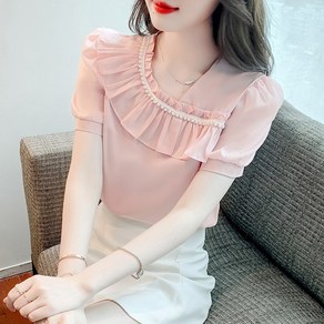 여름 여성 비즈 크루넥 프릴 반팔 셔츠 women's blouse A25 R644C496