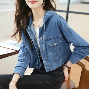 POMTOR 봄 가을 여성 후드 데님 재킷 워싱 데님 코트 캐주얼 슬림 청자켓