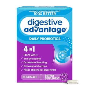 Digestive Advantage 소화 건강을 위한 프로바이오틱스 여성 및 남성용 데일리 간헐적인 팽만감 경미한 복부 불편함 장 건강 지원 30개입 캡슐 209289, 1개